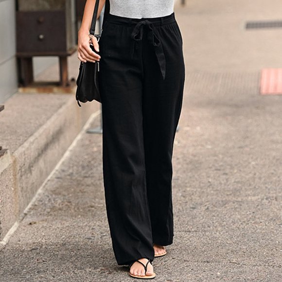 Linen Cotton Pants Solid Colors Elastic Waist with Belt, Wide Leg Multiple Sizes - Picture 4 of 6